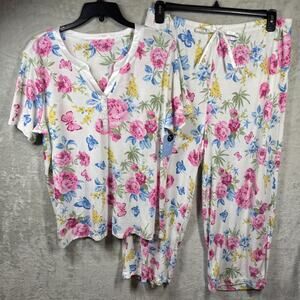 Adonna NEW Women 2 Piece Pajama Set XL Crema Butterfly V-Neck Short Sleeve Capri